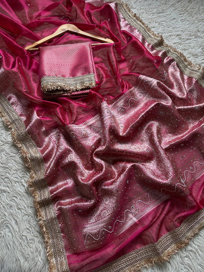 Pure Tissue Maharani Saree with Beautiful Lace Work and Matching Blouse Piece – Tumpi's Collection