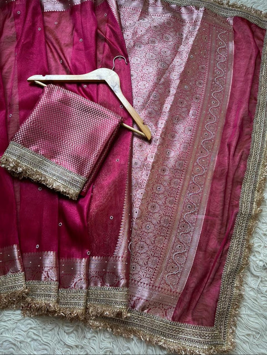 Pure Tissue Maharani Saree with Beautiful Lace Work and Matching Blouse Piece – Tumpi's Collection