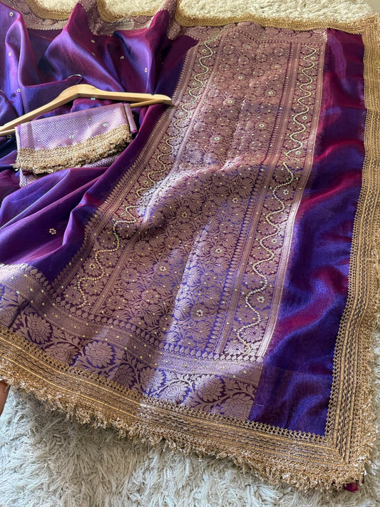 Pure Tissue Maharani Saree with Beautiful Lace Work and Matching Blouse Piece – Tumpi's Collection