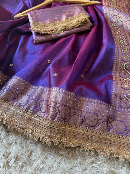 Pure Tissue Maharani Saree with Beautiful Lace Work and Matching Blouse Piece – Tumpi's Collection