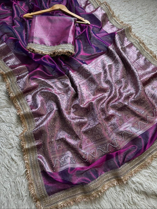 Pure Tissue Maharani Saree with Beautiful Lace Work and Matching Blouse Piece – Tumpi's Collection