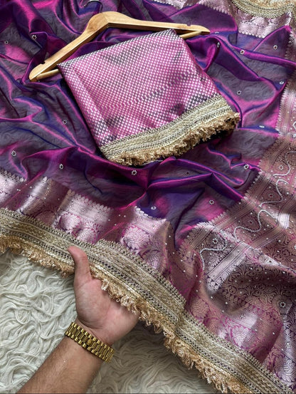 Pure Tissue Maharani Saree with Beautiful Lace Work and Matching Blouse Piece – Tumpi's Collection