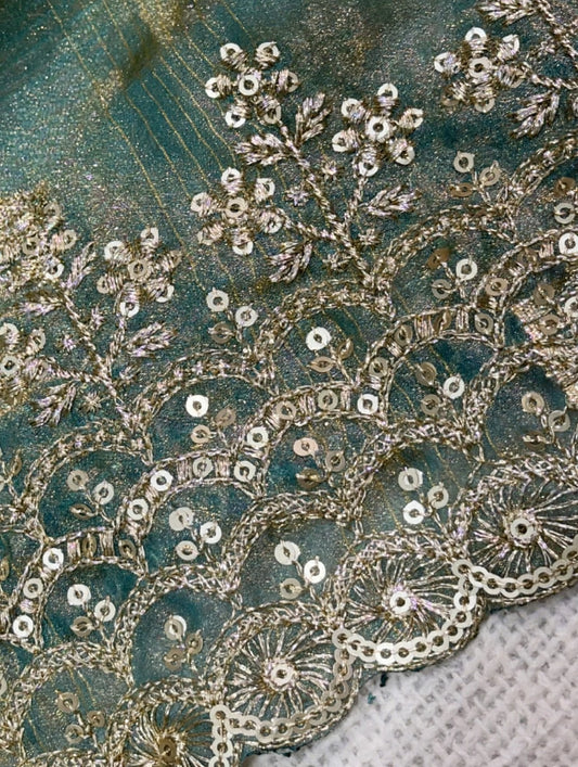 Pure Fandy Satin Jacquard Saree with Zari & Sequin Work-Teal Green