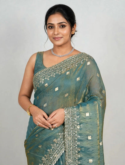 Pure Fandy Satin Jacquard Saree with Zari & Sequin Work-Teal Green