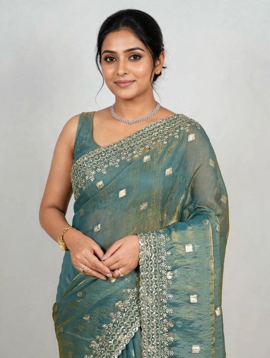 Pure Fandy Satin Jacquard Saree with Zari & Sequin Work-Teal Green