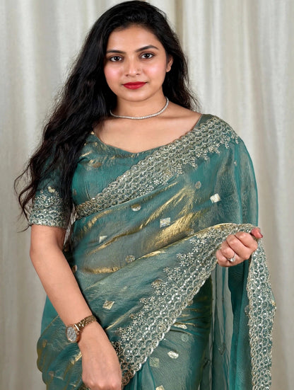 Pure Fandy Satin Jacquard Saree with Zari & Sequin Work-Teal Green