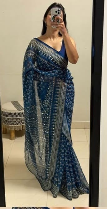 Mirror work Ajrakh modal silk saree with blouse