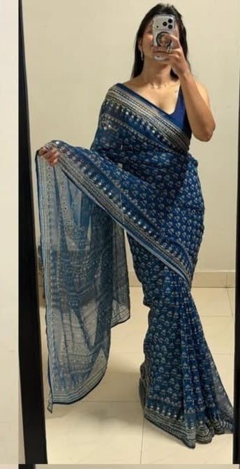 Mirror work Ajrakh modal silk saree with blouse