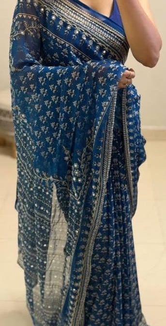 Mirror work Ajrakh modal silk saree with blouse