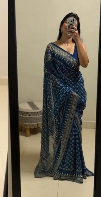 Mirror work Ajrakh modal silk saree with blouse