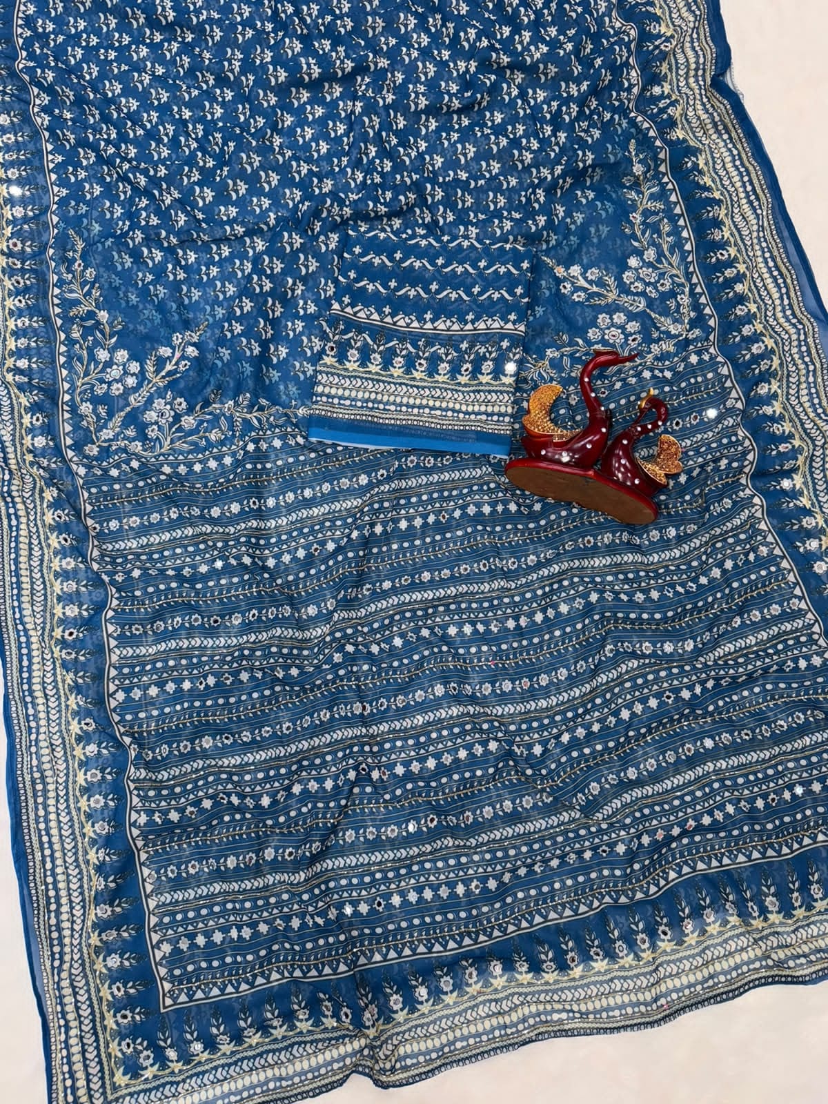 Mirror work Ajrakh modal silk saree with blouse