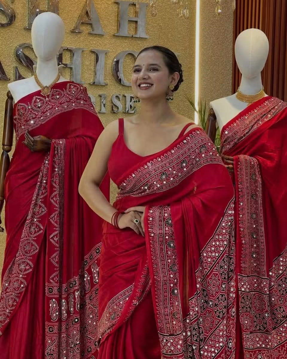 Mirror work Ajrakh modal silk saree with blouse