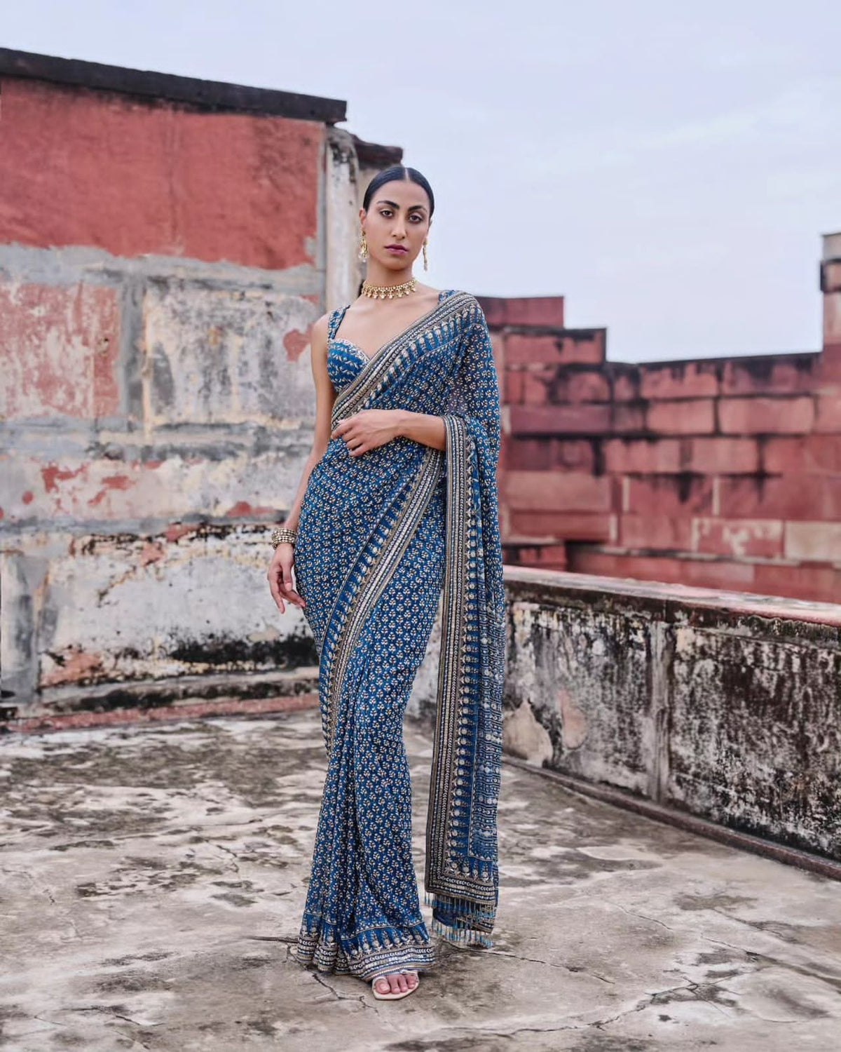 Mirror work Ajrakh modal silk saree with blouse