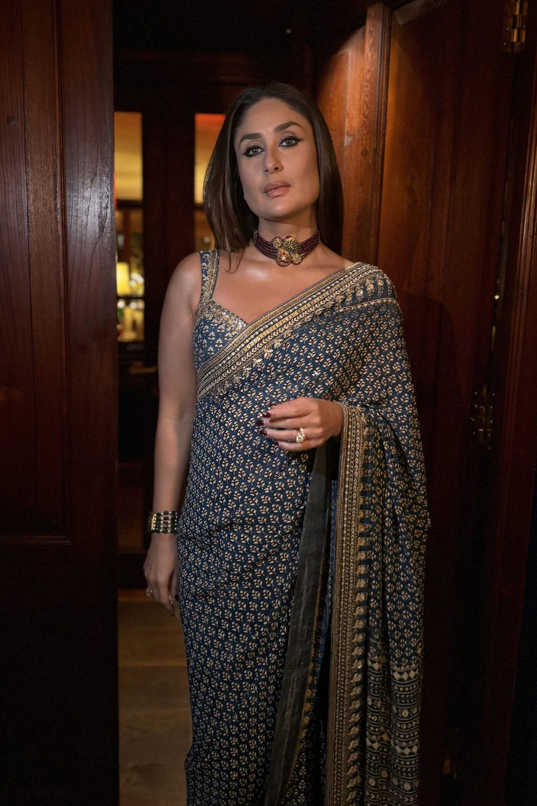 Mirror work Ajrakh modal silk saree with blouse
