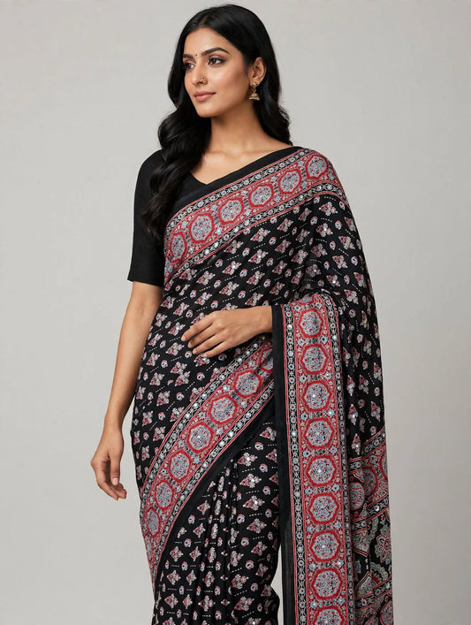 Mirror work Ajrakh modal silk saree with blouse