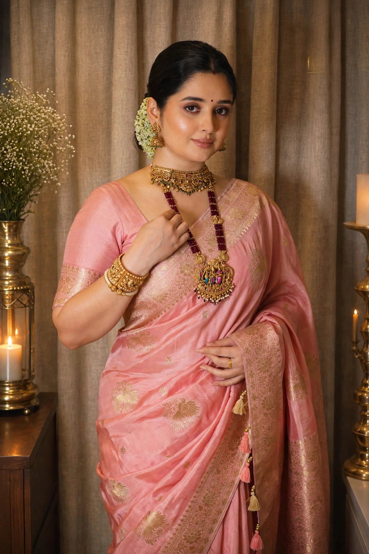 Dola Silk Saree with Allover Weaving Work-Peach Pink